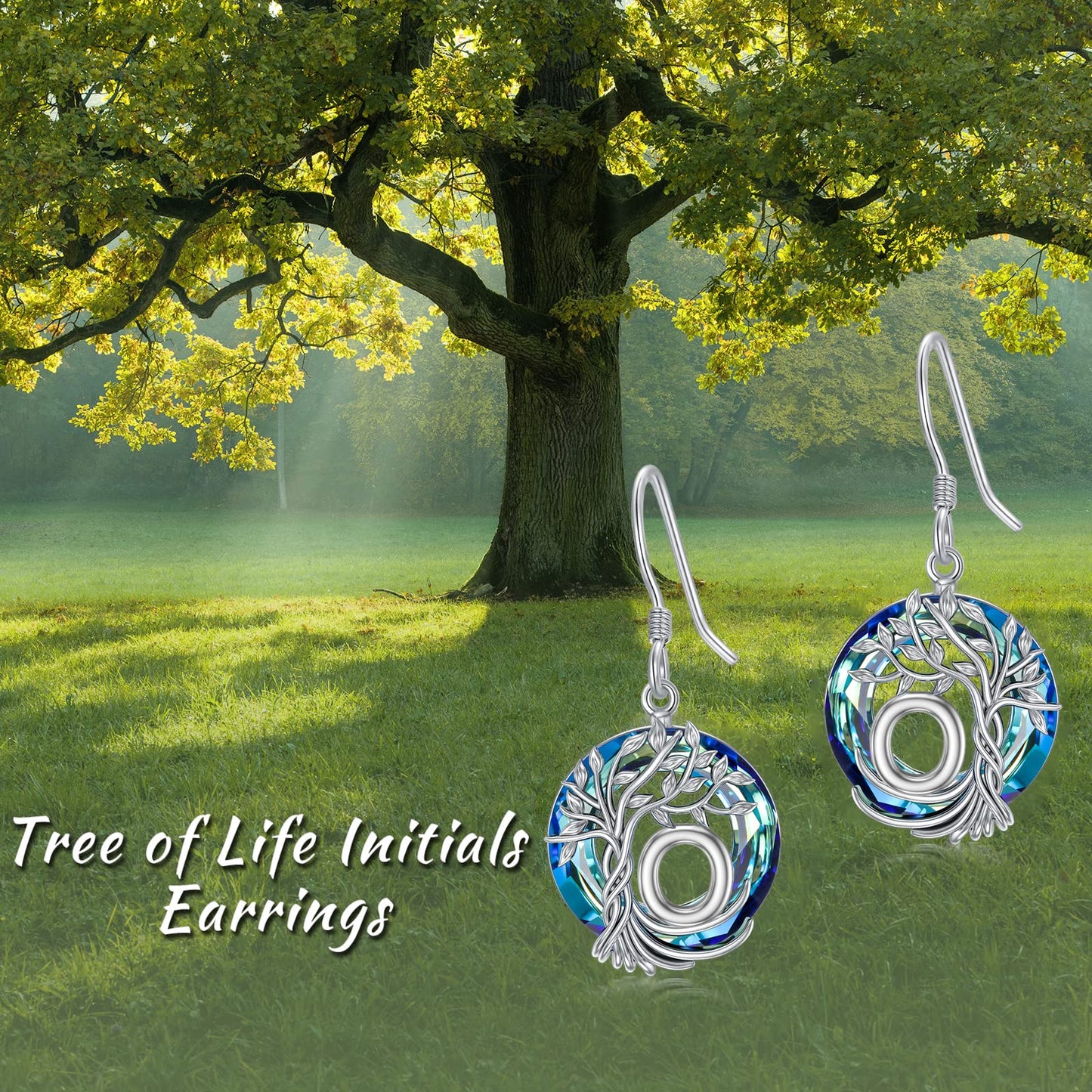 TOUPOP Tree of Life Initial Earrings Sterling Silver Initial O Letter Drop Dangle Earrings Blue Circle Crystal Family Tree Jewelry Birthday Mothers Day Gifts for Women Mom Her