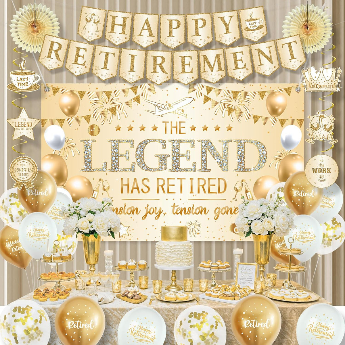 Roetyce Retirement Party Decorations Women, Champagne Gold Happy Retirement Banner Backdrop Balloons Hanging Swirls for Coworker, Gold Lengend Has Retired Sash & Crown, Office Retired Background