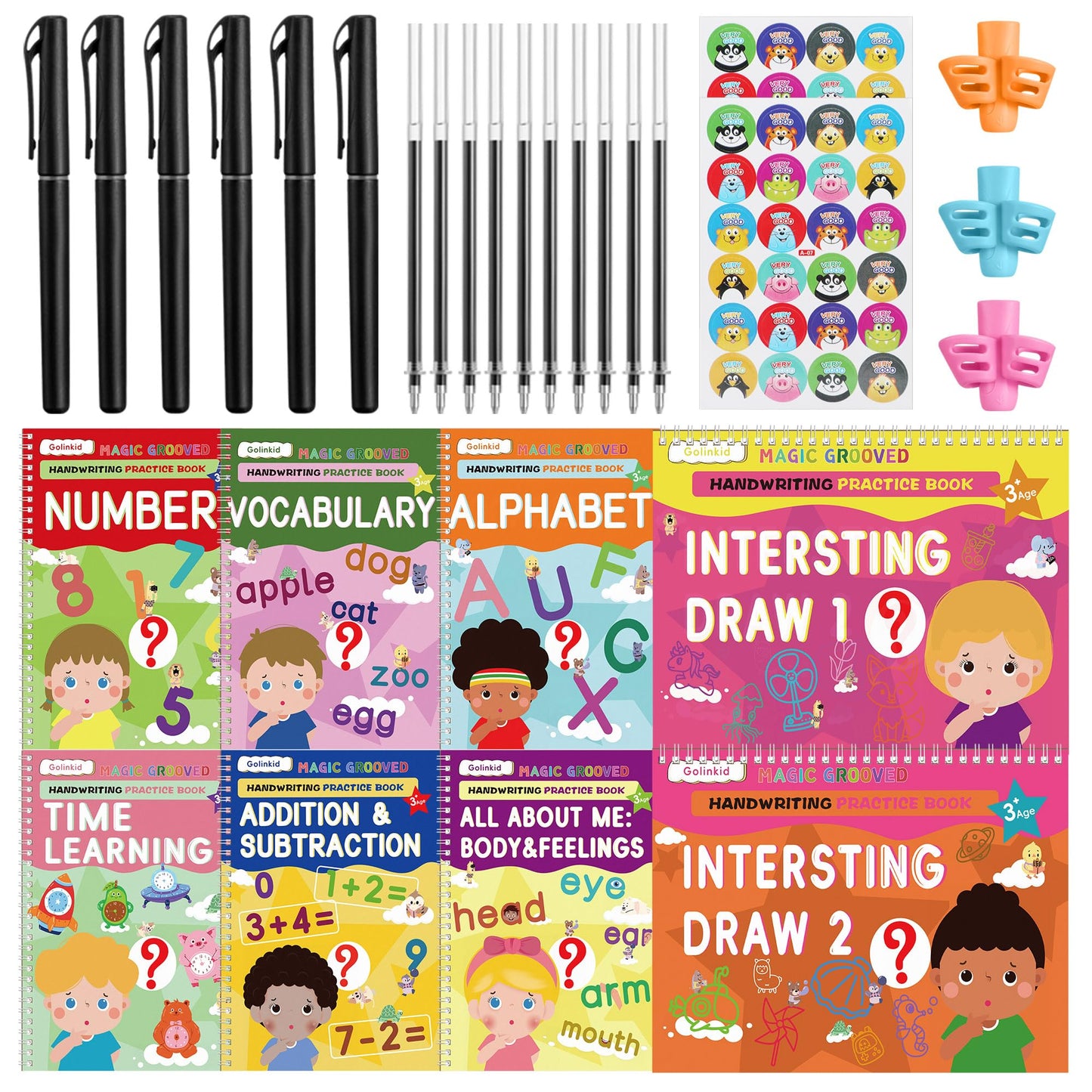 Golinkid Magic Grooved Writing Practice, grooved Handwriting Practice for Kids 8 Books, Preschool workbook for Ages 3-10 with 6 Magic pens 10 Ink Refills, 3 Pencil Grips for Kids Handwriting