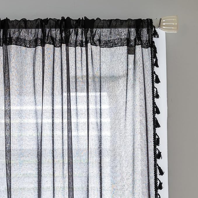 Black Sheer Curtains 72 inch Long, Fringed Edges and Textured Semi Sheer Curtains Large Window Treatments for Living Room/Bedroom, 3 Panels