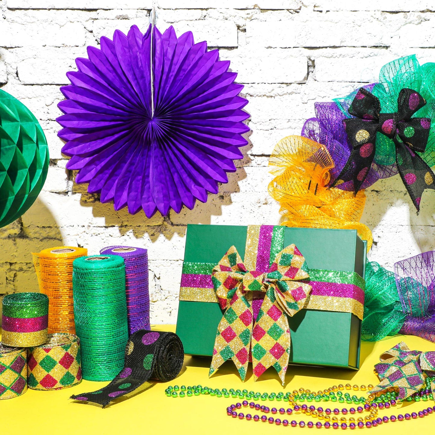 Jutom 7 Rolls 35 Yards Mardi Gras Wired Edge Ribbons Metallic Poly Mesh Purple Gold and Green Stripe Ribbon Glitter Metallic Wrapping Decor for Mardi Gras Masquerade Party Decoration