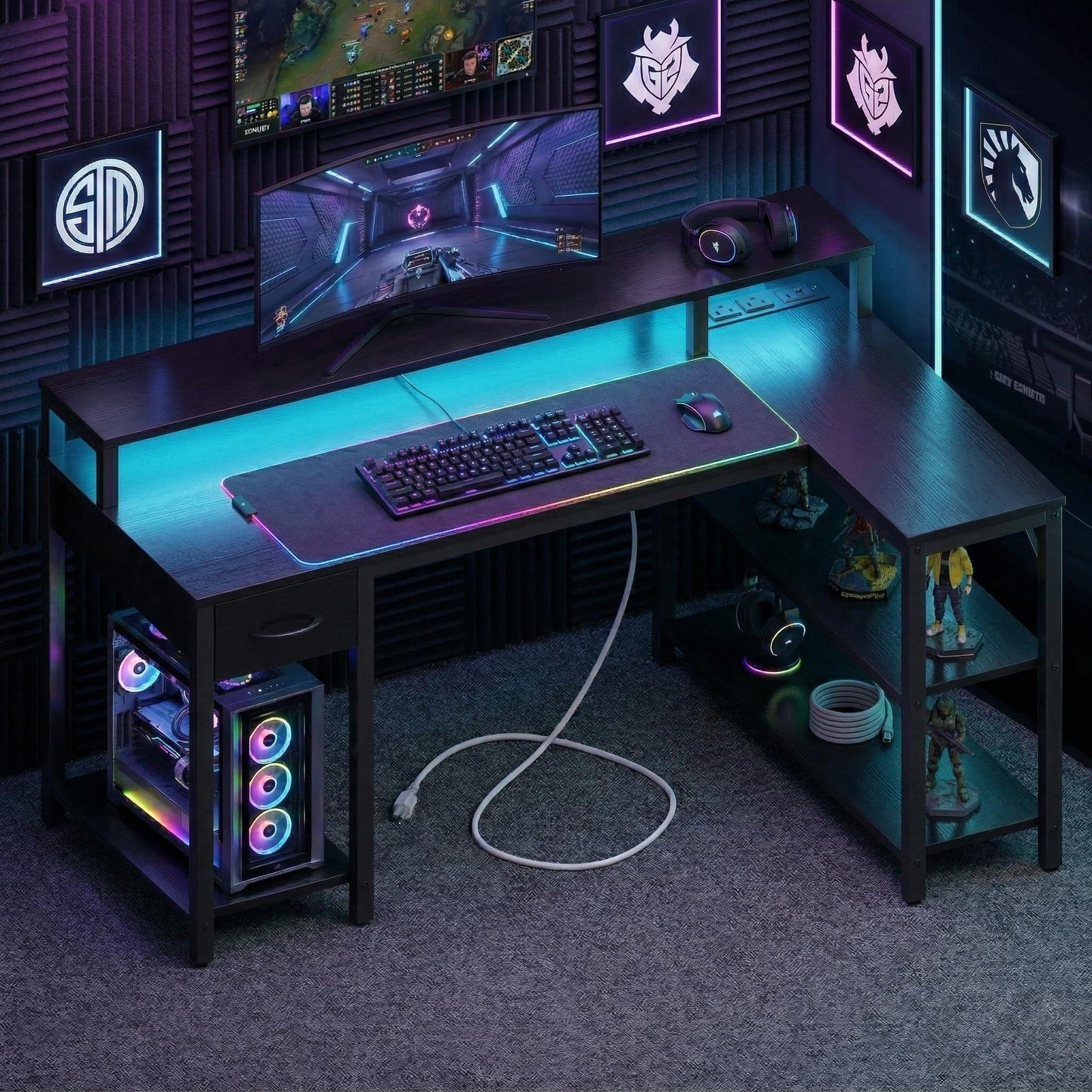 Simple Deluxe 47-inch L-Shaped Gaming Desk with LED Lights & Power Outlets, Reversible Corner Computer Desk with Monitor Riser, Drawer & Shelves, for Home Office, Black