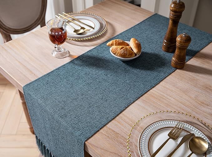 ZeeMart Blue Table Runners 90 Inches Long, Burlap Linen Style Rustic Farmhouse Table Runner, Long Boho Dining Table Runner, 13x90 Inches, Blue