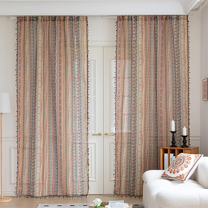Red Geometric Sheer Curtains 72 inch Long, Fringed Edges and Textured Semi Sheer Curtains Large Window Treatments for Living Room/Bedroom, 2 Panels