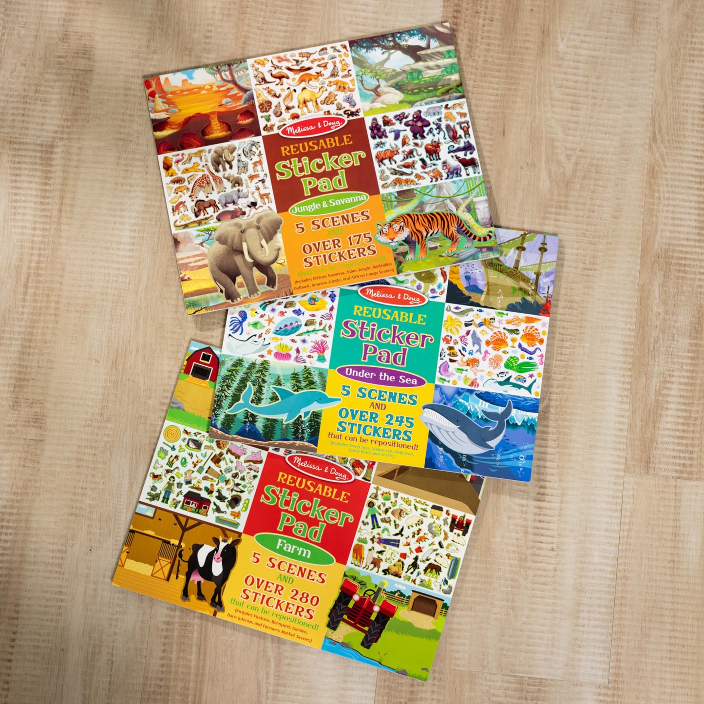 Melissa & Doug Reusable Sticker Pad Bundle - Jungle, Farm & Under The Sea