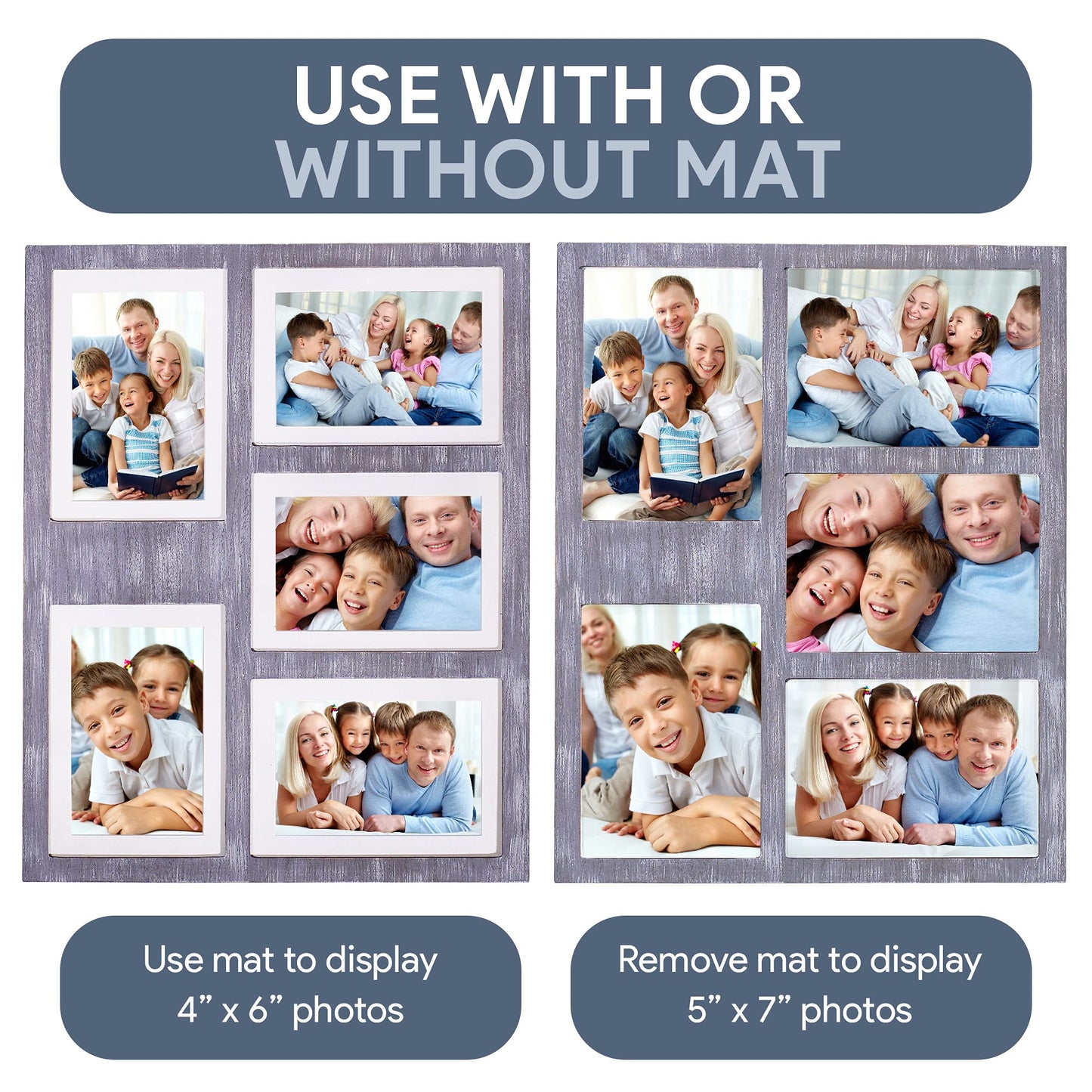 Great Lakes Memories GLM 4x6 or 5x7 Collage Picture Frames for Wall, Holds 5 Photos with Glass & Mat, 5x7 Picture Frame, Picture Frames Collage Wall Decor (Gray)