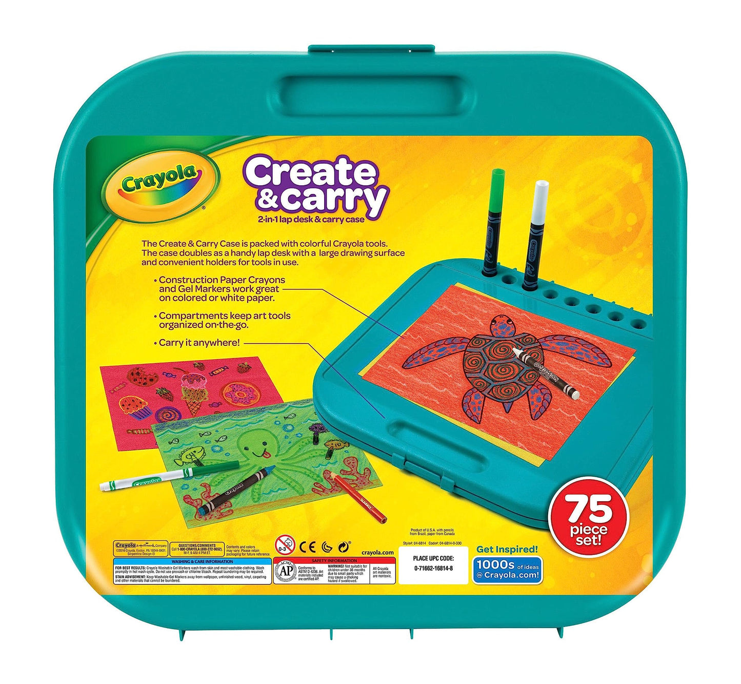 Crayola Create 'N Carry Travel Art Set for Kids (75pcs), 2-in-1 Lap Desk & Carrying Case, Essential Art Supplies Kit, Spring Crafting, Gift for Kids