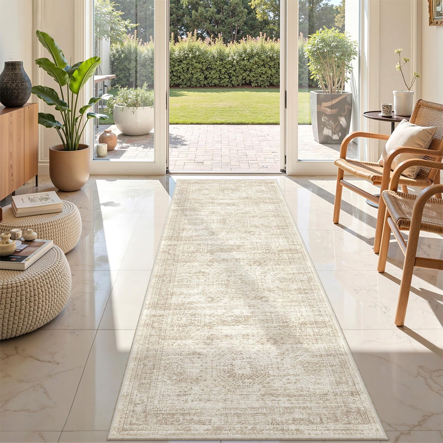 Restydon Rug Runners for Hallways Non Slip - 2x8 Runner Rug for Bedroom, Washable Runner with Rubber Backing, Soft Low-Pile Carpet for Kitchen, Laundry, Bathroom (2'x8', Beige/Ivory)