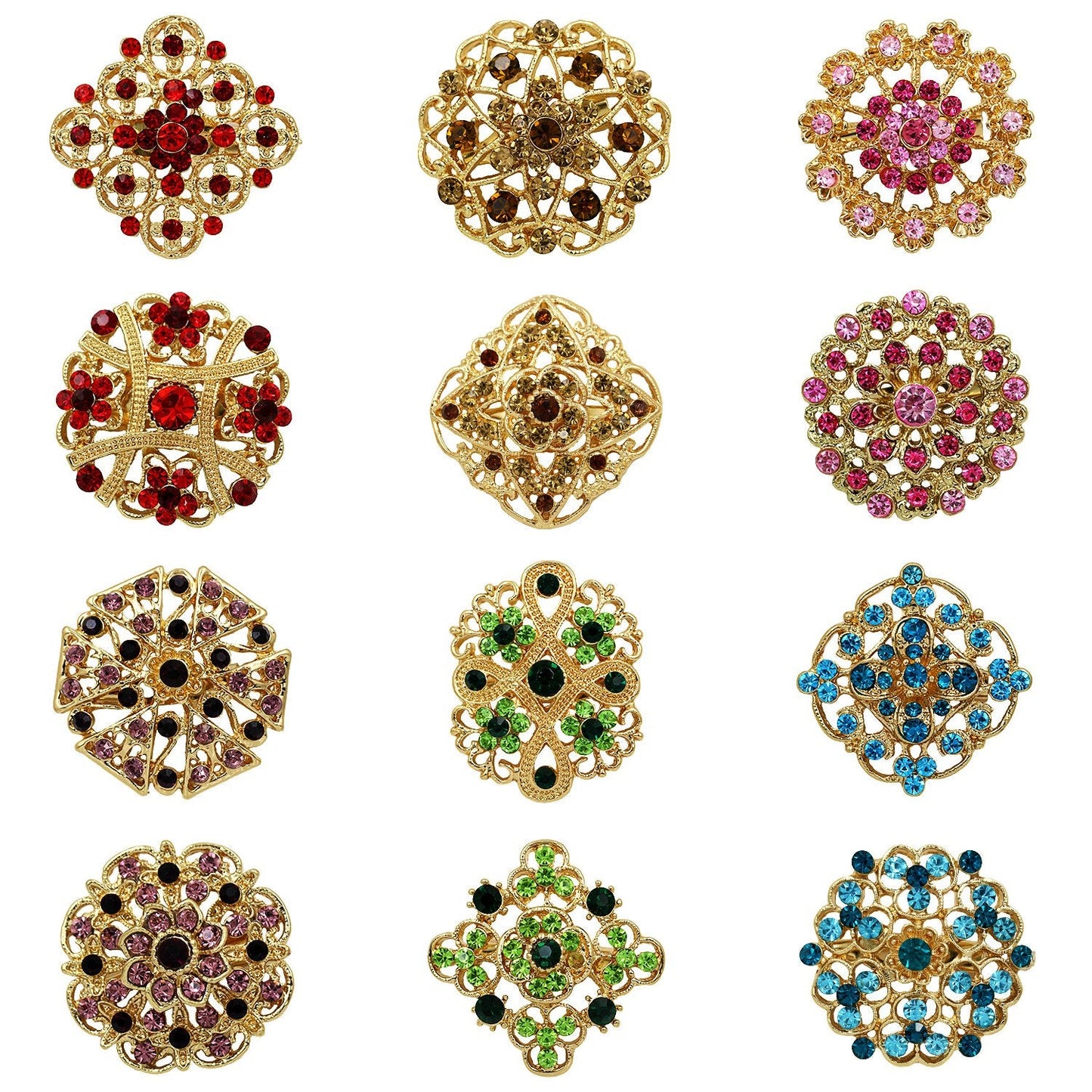 WeimanJewelry Silver/Gold Plated 12pcs Crystal Rhinestones Flower Brooch Pins DIY Wedding Bouquets Kit