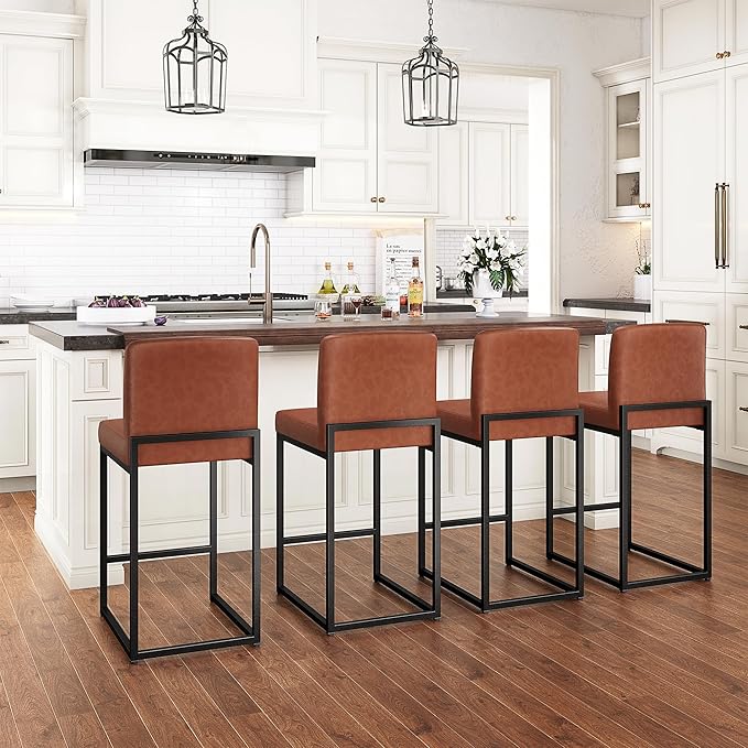 PHI VILLA Brown Leather Bar Stools Set of 4, 24 inch Counter Height Chairs, Modern Kitchen Barstools, Bar Stool with Back