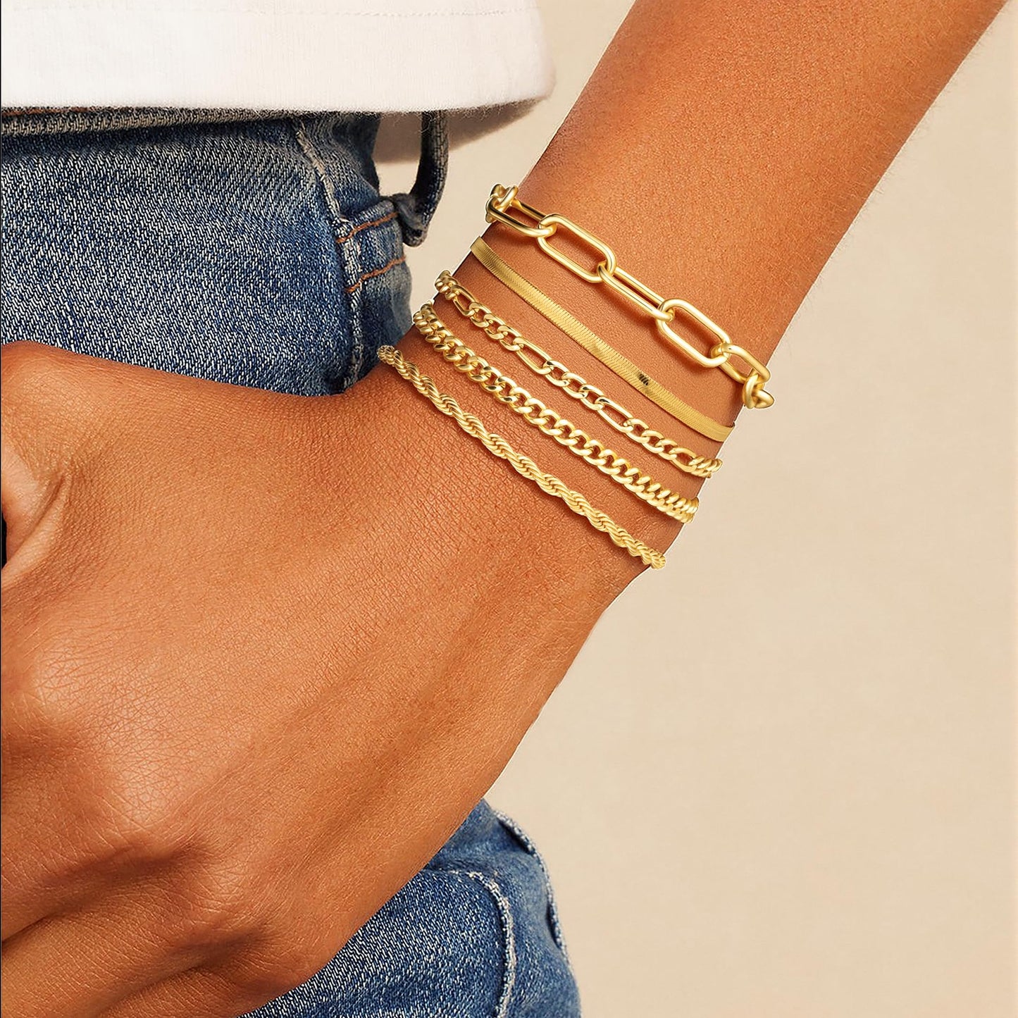 Mujahid Gold Bracelets for Women Waterproof, 14K Gold Plated Bracelets Stack Adjustable Jewelry Set for Gifts;Trendy Thin Dainty Stackable Cuban Link Paperclip Chain Bracelet Pack Fashion Accessories