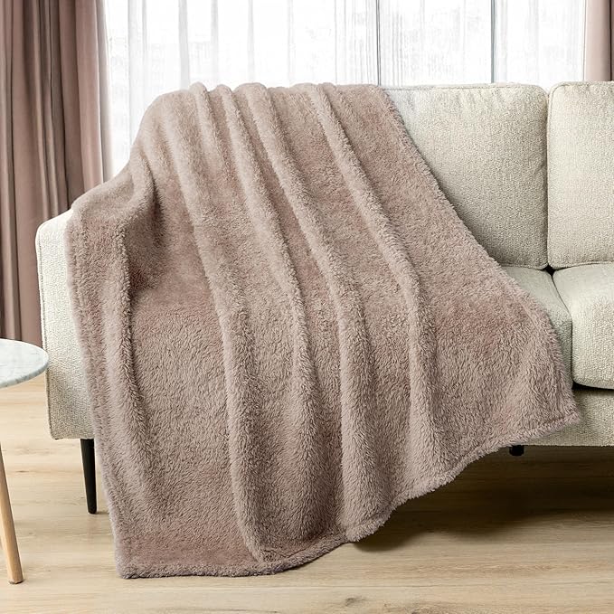 PAVILIA Sherpa Throw Blanket for Couch Sofa, Taupe Tan Fluffy Warm Plush Blanket for Bed, Cozy Super Soft Lightweight Throw, Fuzzy Decorative Blanket, All Season Home, 50x60