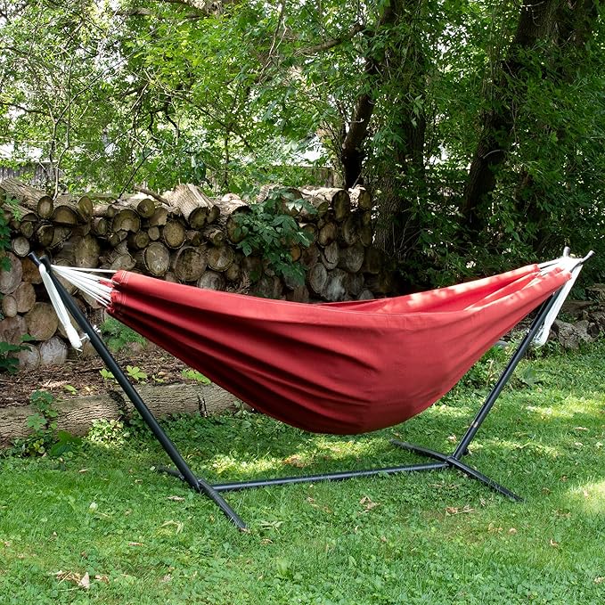 Vivere Double Sunbrella Hammock with Space-Saving Steel Stand, Heavy-Duty Portable Outdoor Hammock Set for Backyard, Patio, or Travel, Crimson