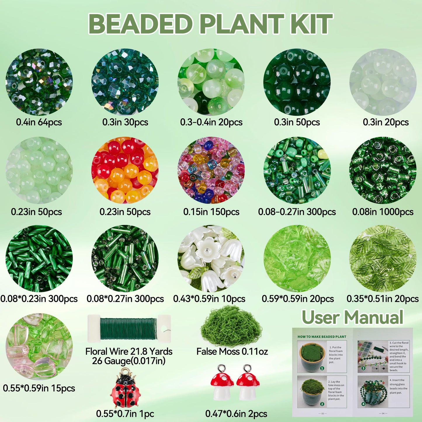 Green Glass Beaded Plant Kit, Forever Plant Beaded Leaf Flower Beads for Succulent Plant Jewelry Making and DIY Crafts