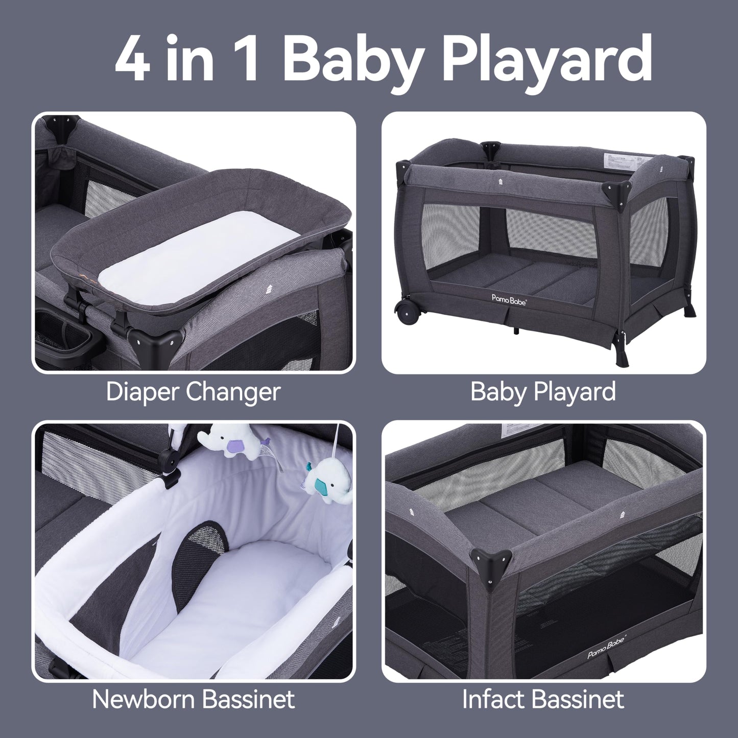Pamo Babe Pack and Play with Bassinet Baby Playpen Foldable Playard with Changing Table Portable 4 in 1 Baby Playard