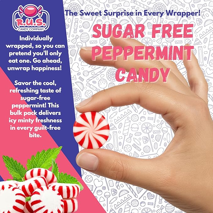 Sugar Free Peppermint Hard Candy Starlight – About 150 Individually Wrapped Breath Mints – Bulk 2 Pound Bag – Refreshing Mint Flavor – Keto Friendly, Diabetic Candy, Gluten Free (2 Pound, Peppermint)