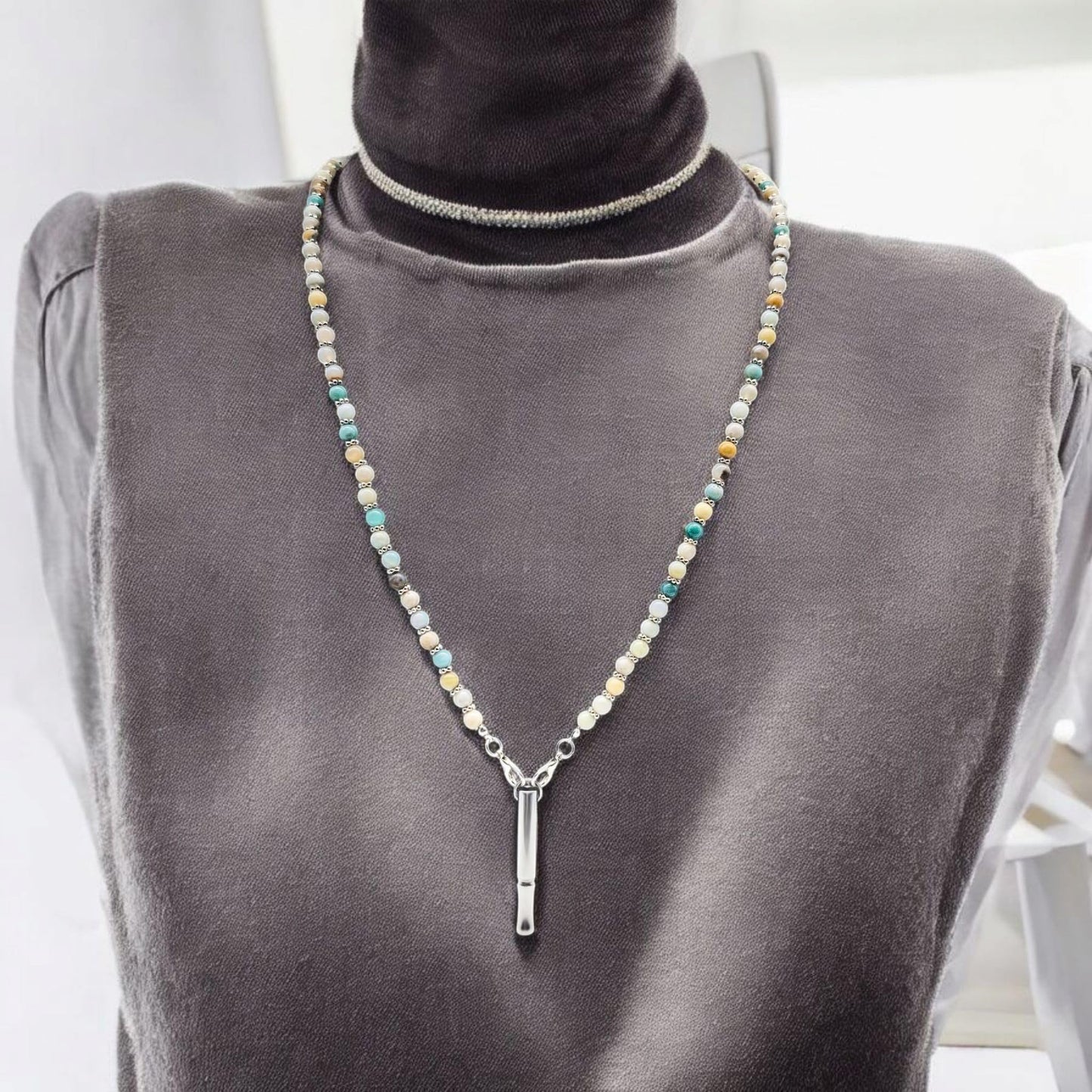 Sopopal Quit Smoking Necklace Natural Amazonite Gemstone Breathing Necklace for Anxiety Relief Stop Smoking for Adult Women