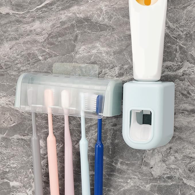 5 Slots Wall Mount Toothbrush Holder with Cover, Self Adhesive Toothbrush Storage Organizer for Shower, Toothbrush Hanger with Automatic Toothpaste Squeezer Dispenser (Blue)
