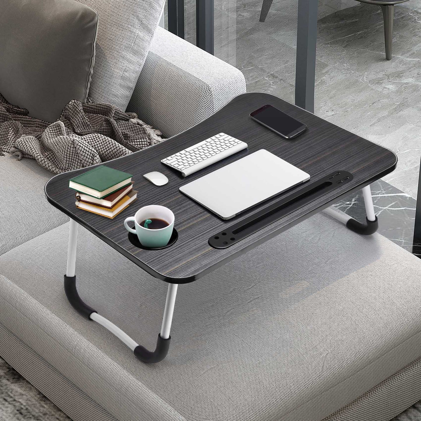 Slendor Lap Desk with Cup Holder, Foldable Laptop Table for Bed, Portable Bed Desk for Laptop and Writing, Computer Tray with Tablet Slot, Notebook Stand Reading Holder for Couch Sofa Floor,Black