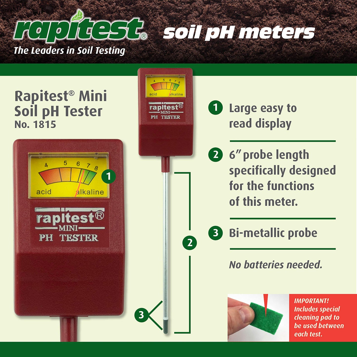 Rapitest Soil pH Tester for testing soil pH quickly and accurately. Test fruits, flowers, vegetables and lawns