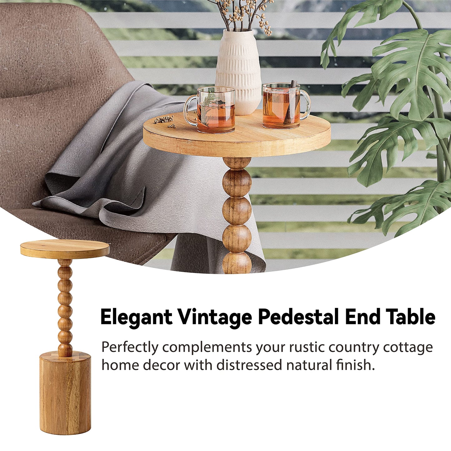 COZAYH Natural Wood End Table with Round Top and Decorative Beaded Pedestal, Farmhouse Accent Side Table Drink Table for Living Room or Small Spaces