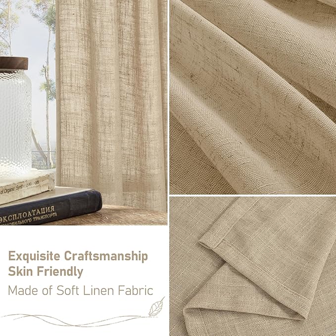 LAMIT 102 Inch Length Light Filtering Sheer Linen Curtains, Linen Textured Semi Sheer Back Tab and Rod Pocket Natural Boho Drapes for Living Room/Farmhouse, 2 Panels, Brown, 52 x 102 Inch