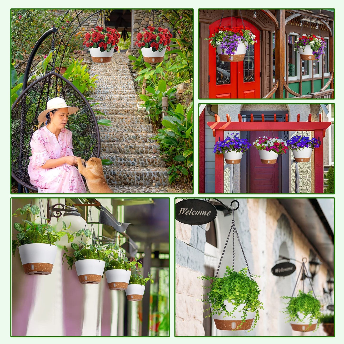 Amyhill 6 Pcs 8 Inch Hanging Planter for Indoor Plants Self Watering Hanging Pot Baskets with Drainage Hole Visible Water Level Tray with Hooks for Garden Outdoor(White)