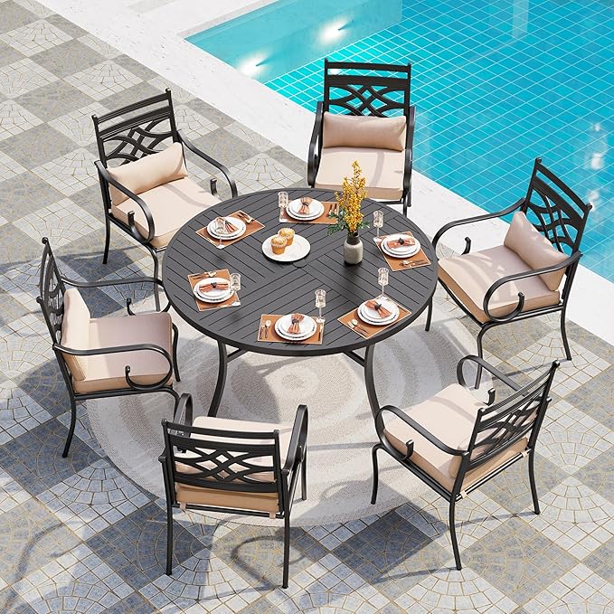 PHI VILLA 7 Pieces Outdoor Dining Set for 6, 54" Round Black Metal Table with Umbrella Hole & Wrought Iron Chairs, Rustproof Large Outside Furniture with Cushions & Pillows for Patio, Deck, Porch