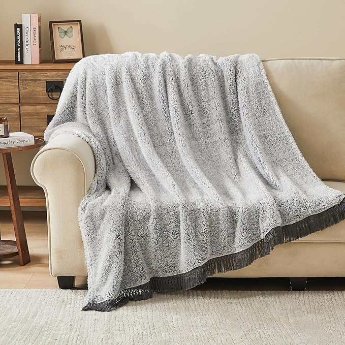 EMME Fuzzy Blanket Soft Fleece Throw Blankets for Women, Fluffy Sherpa Throws(Tassel Grey,108"x90")
