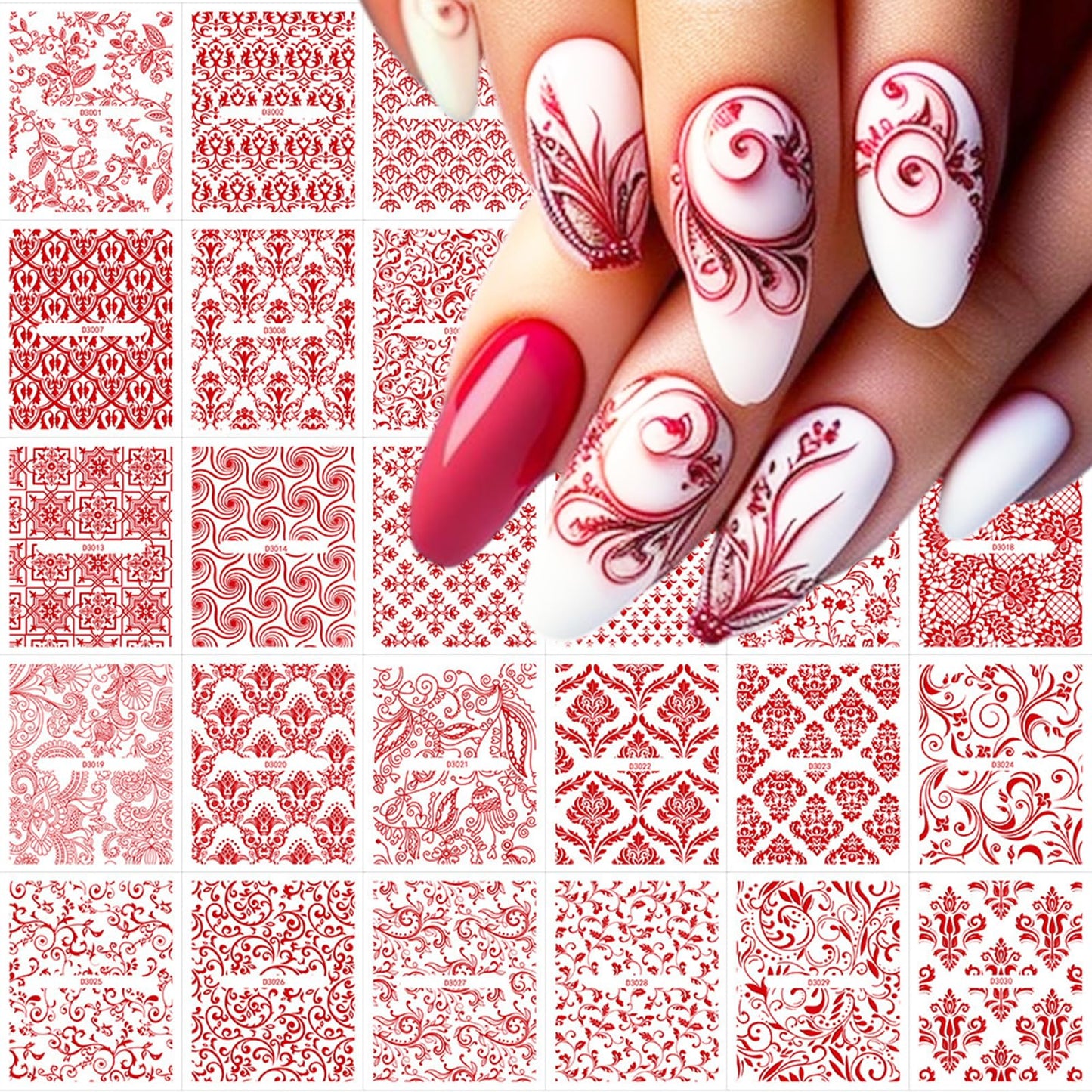 WEIXIWUYU Red Hollow Retro Floral Vine Nail Art Stickers Laser Silver Lace Design Nail Supplies 3D Self-Adhesive Nail Stickers for Women Girls DIY Manicure Slider Decorations 30 Sheets