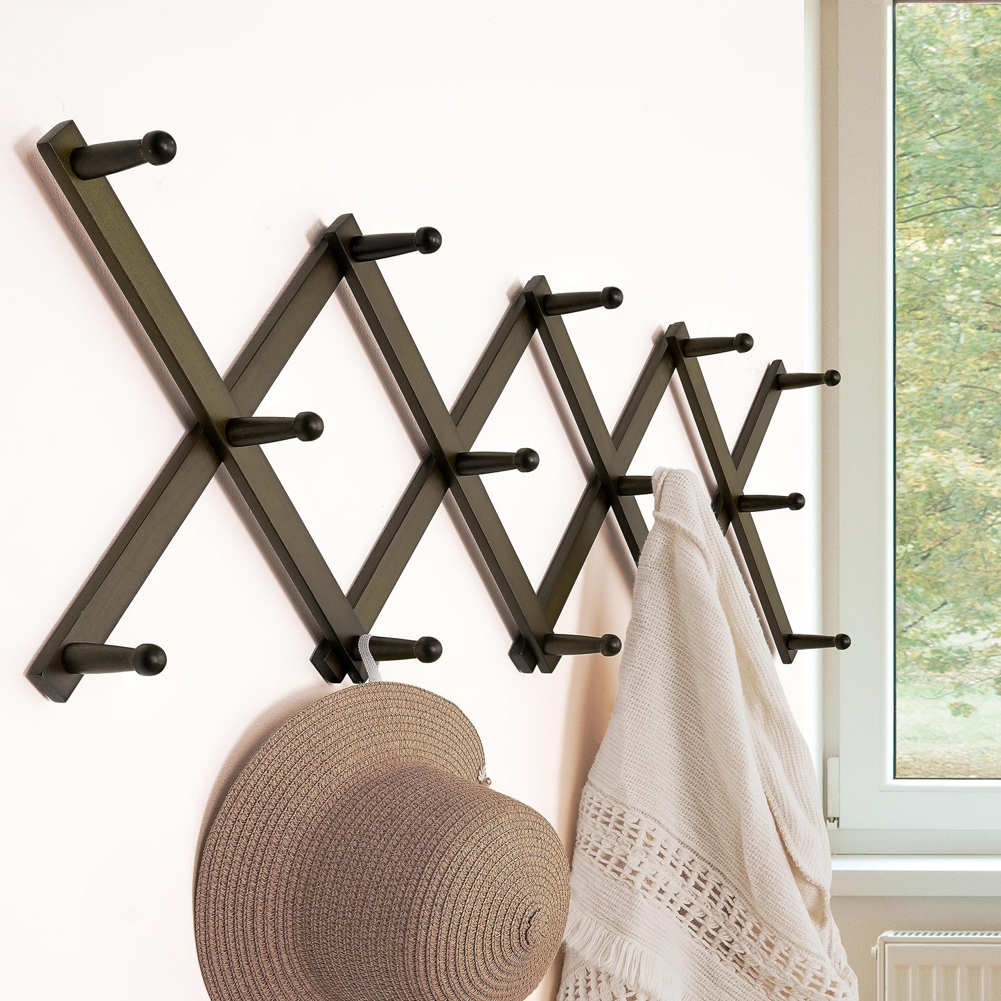 Dseap Accordion Wall Hanger:16'' High Wooden Expandable Coat Rack, Hat Rack for Wall,Accordion Hook for Baseball Caps,Coats,14 Peg Hooks,Dark Walnut