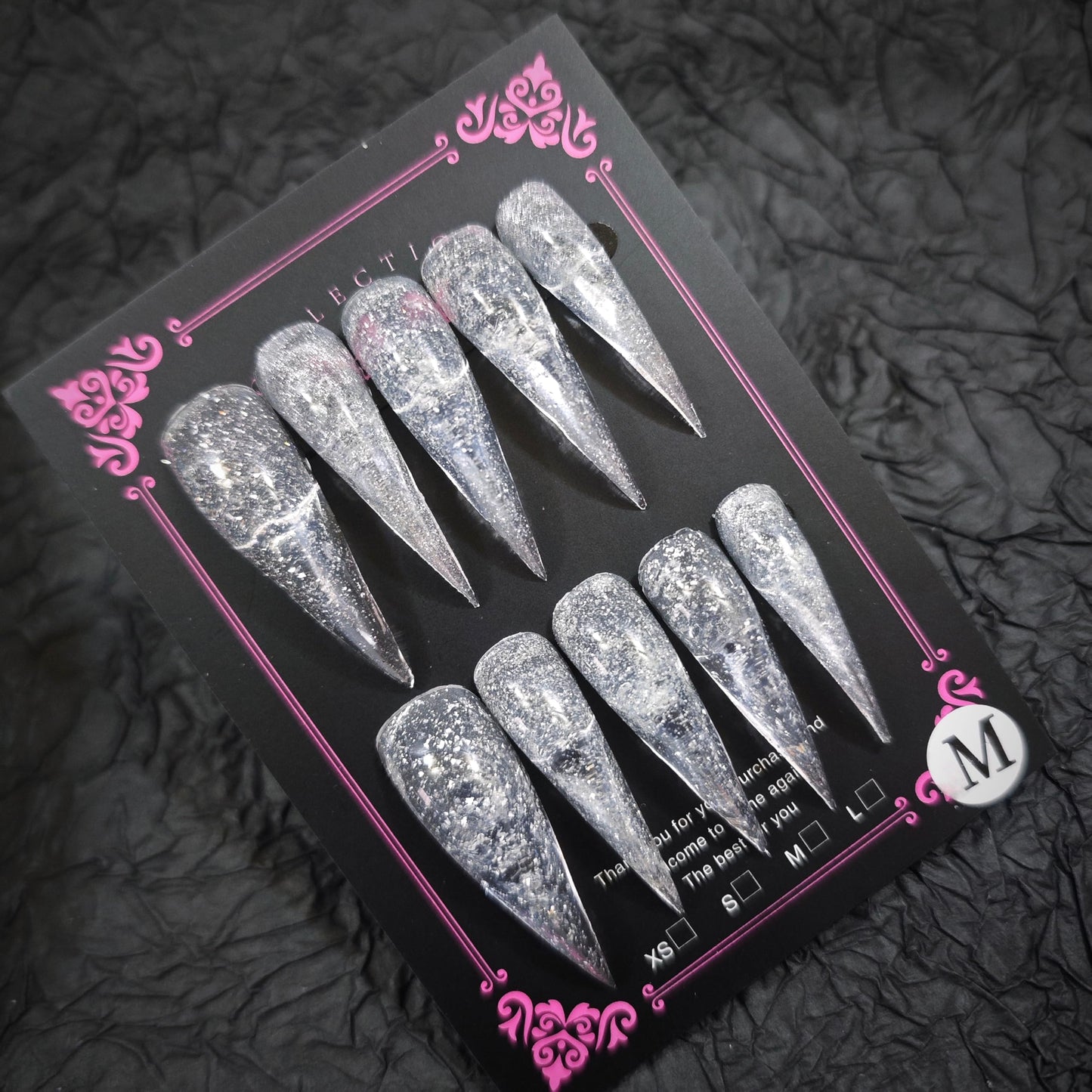 10Pcs(1Pack) Handmade Press On Nails Long Stiletto 33mm Silver Glitter Ice Clear Gradient Minimalist Luxury Nails for Women Party Holiday Photo Wedding Size M