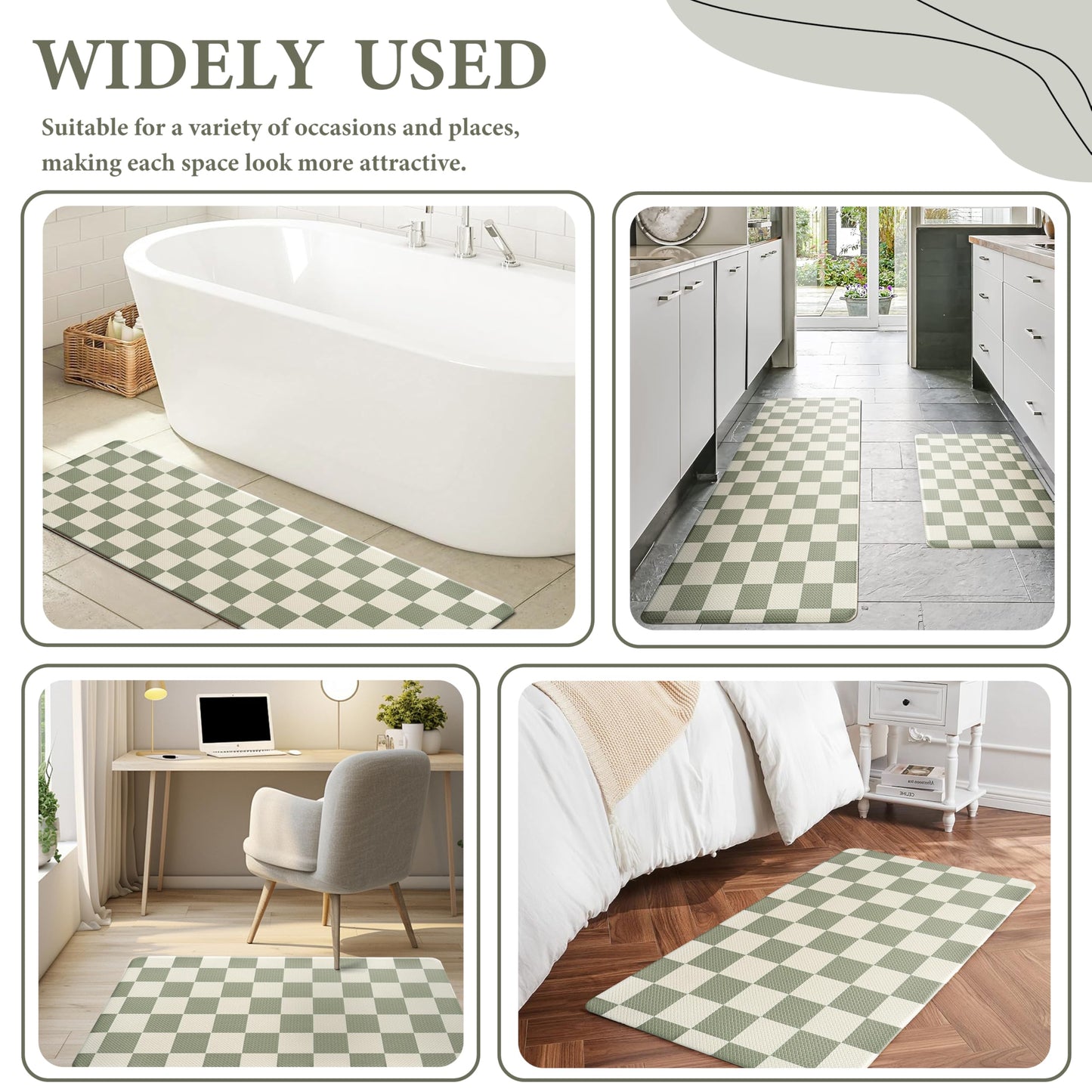 VivaNest Beige Sage Checkered Grid Checkerboard Kitchen Rug Sets [2 PCs], Anti-Fatigue, Waterproof Non-Slip Kitchen Mats Heavy Duty Comfort Foam Rug for Kitchen, Floor, Laundry,17"x29"+17"x47"