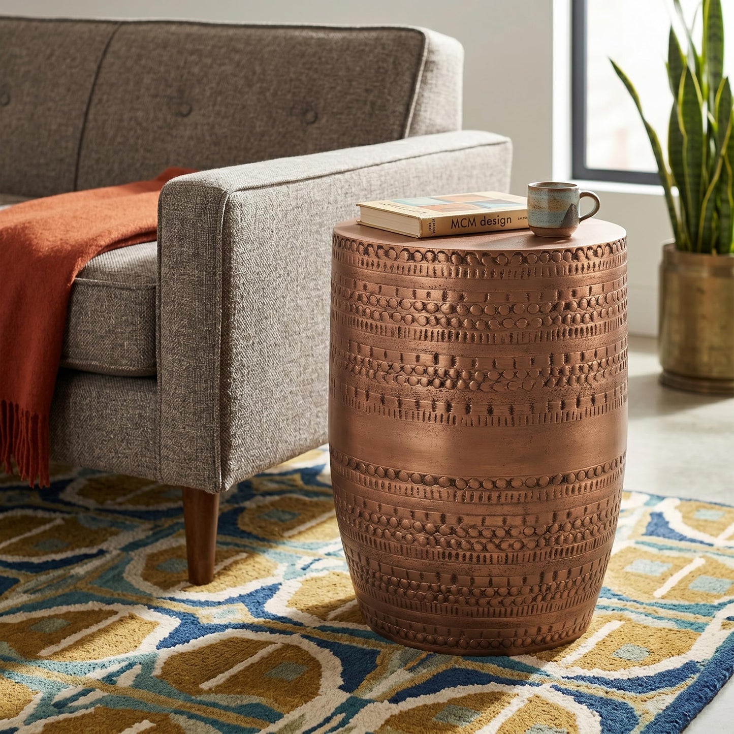 SIMPLIHOME Johnsen Metal Table - 15" Wide x 20" High Solid Iron Drum Accent Table in Antique Copper with Tribal Pattern, Round Boho End Table for Living Room, Bedroom, or Home Office, Fully Assembled