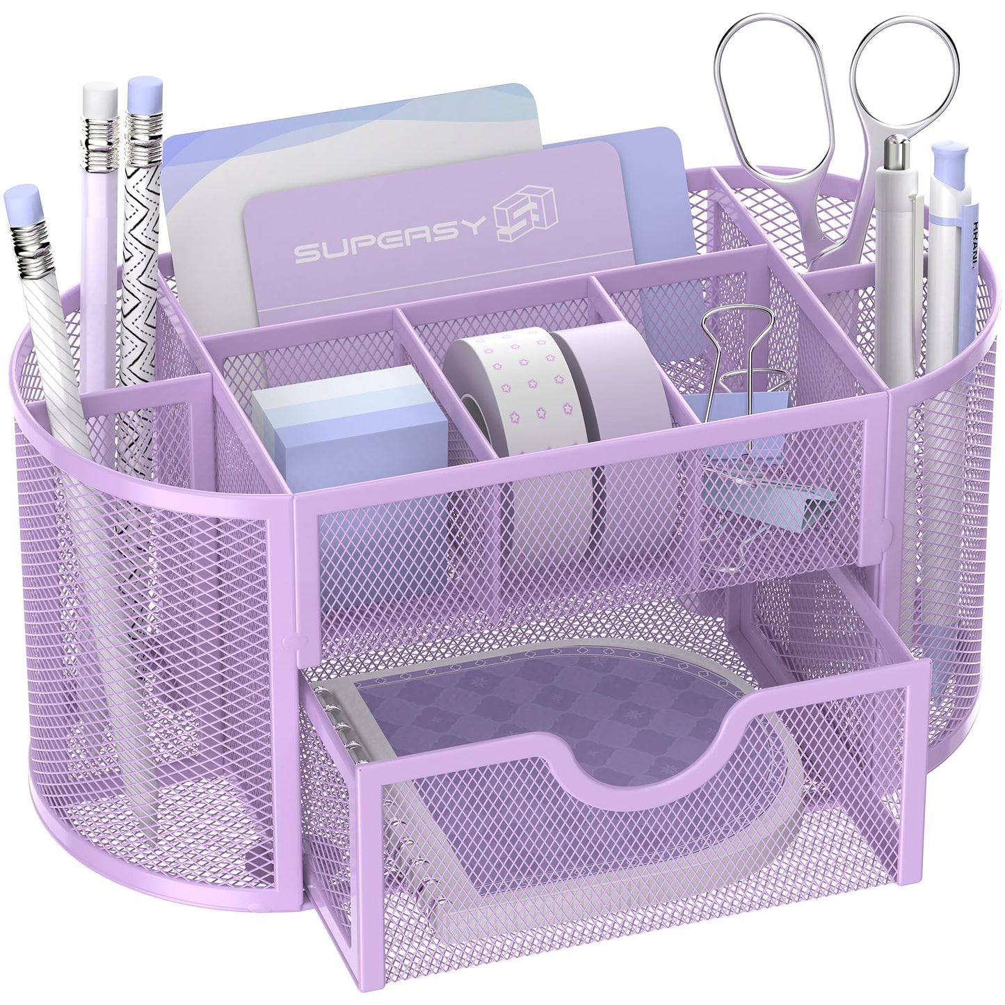 SUPEASY Mesh Desk Organizer, Desk Accessories & Workspace Organizers with Drawers, Pencil Holder for Desk with 9 Compartments for Office Suppliess, School, Classroom, 8.6 x 4.3 x 4.1 Inch, Purple