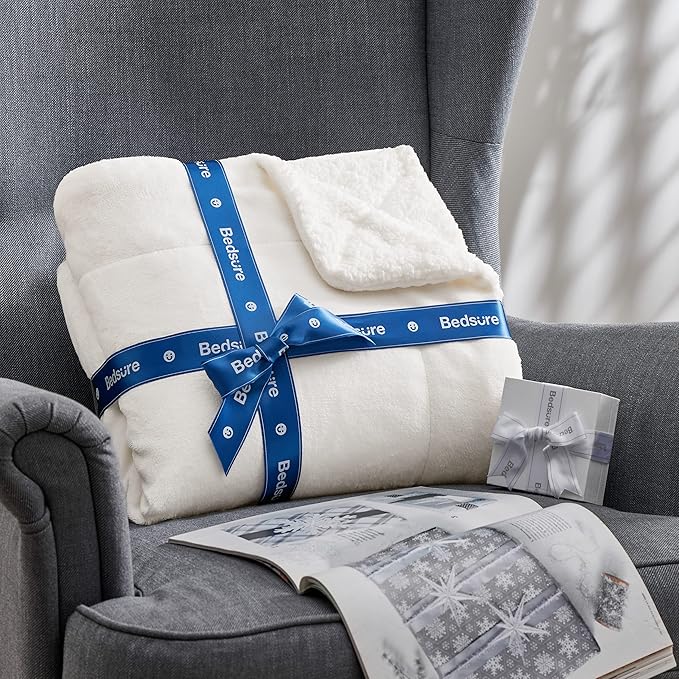 Bedsure Sherpa Fleece Throw Blanket Twin Size for Couch - Thick and Warm, Soft Fuzzy Plush Twin Blanket for Winter, White, 60x80 Inches