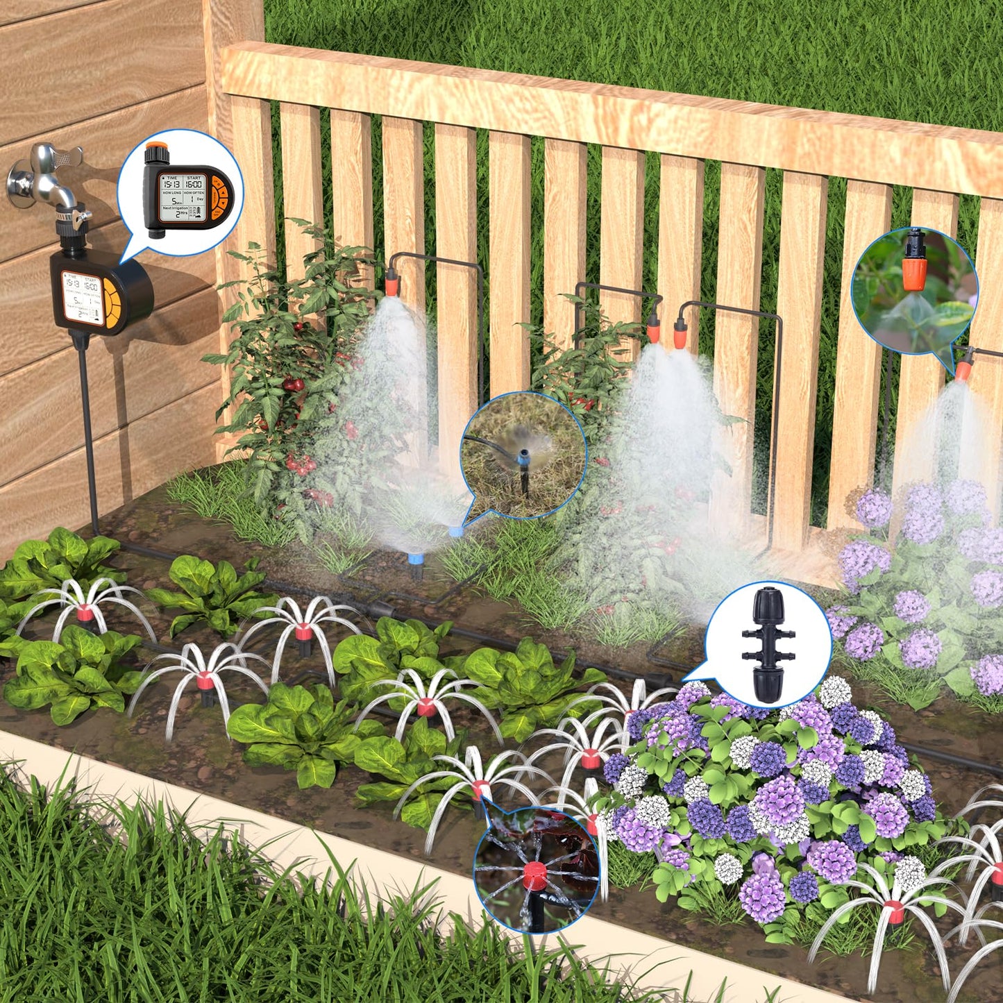 Automatic Drip Irrigation System Kit - 226FT with LCD Timer, 3 Sprayer Types Automatic Garden Watering System, 1/2 Inch Hose 1/4 Inch Distribution Tubing Garden Watering Solution for Outdoor Plants