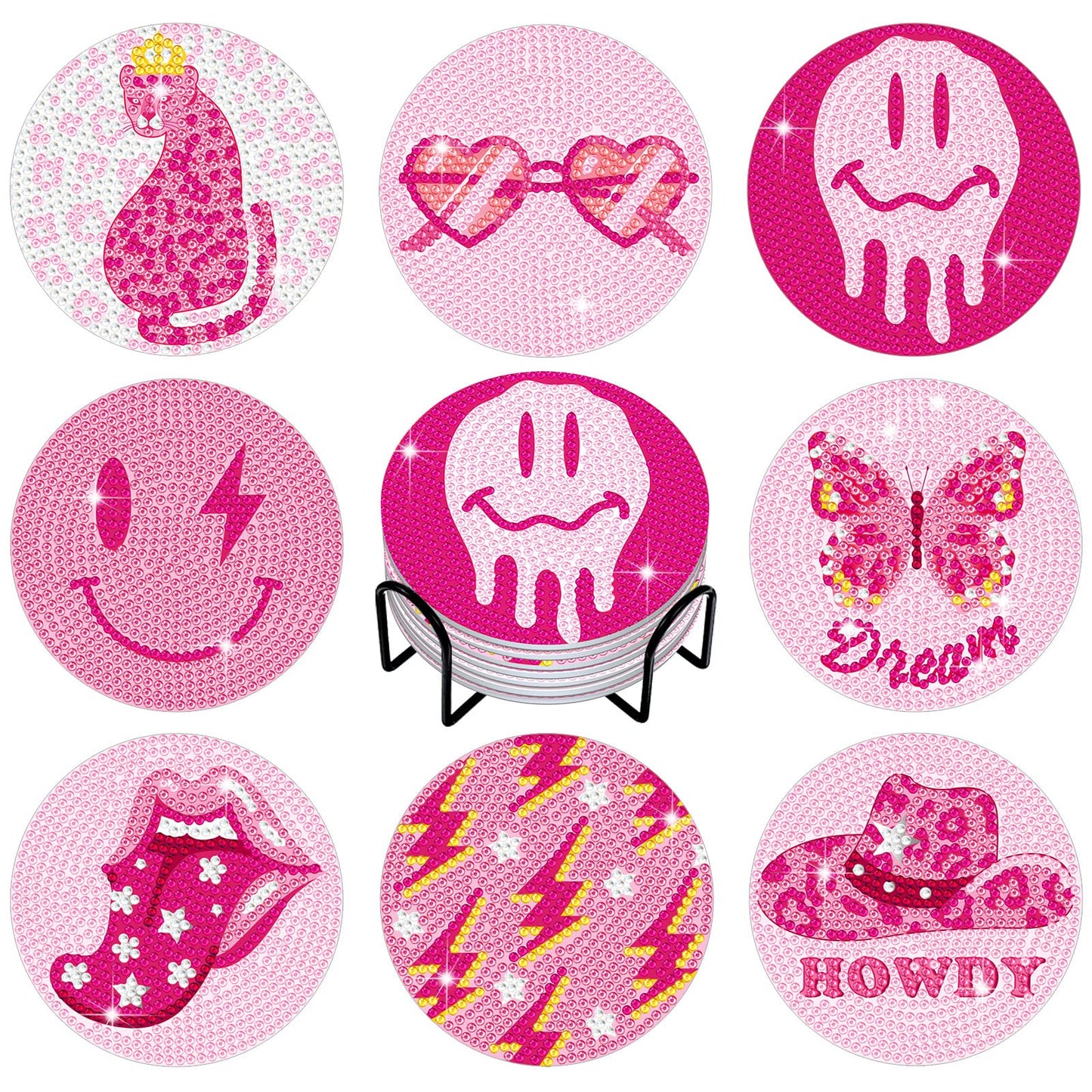 Shellwei 8 Pcs Pink Preppy Diamond Painting Art Coasters with Holder Y2k Smile Face Butterfly Diamond Art Coaster Kit DIY Craft Gift for Adults Beginners