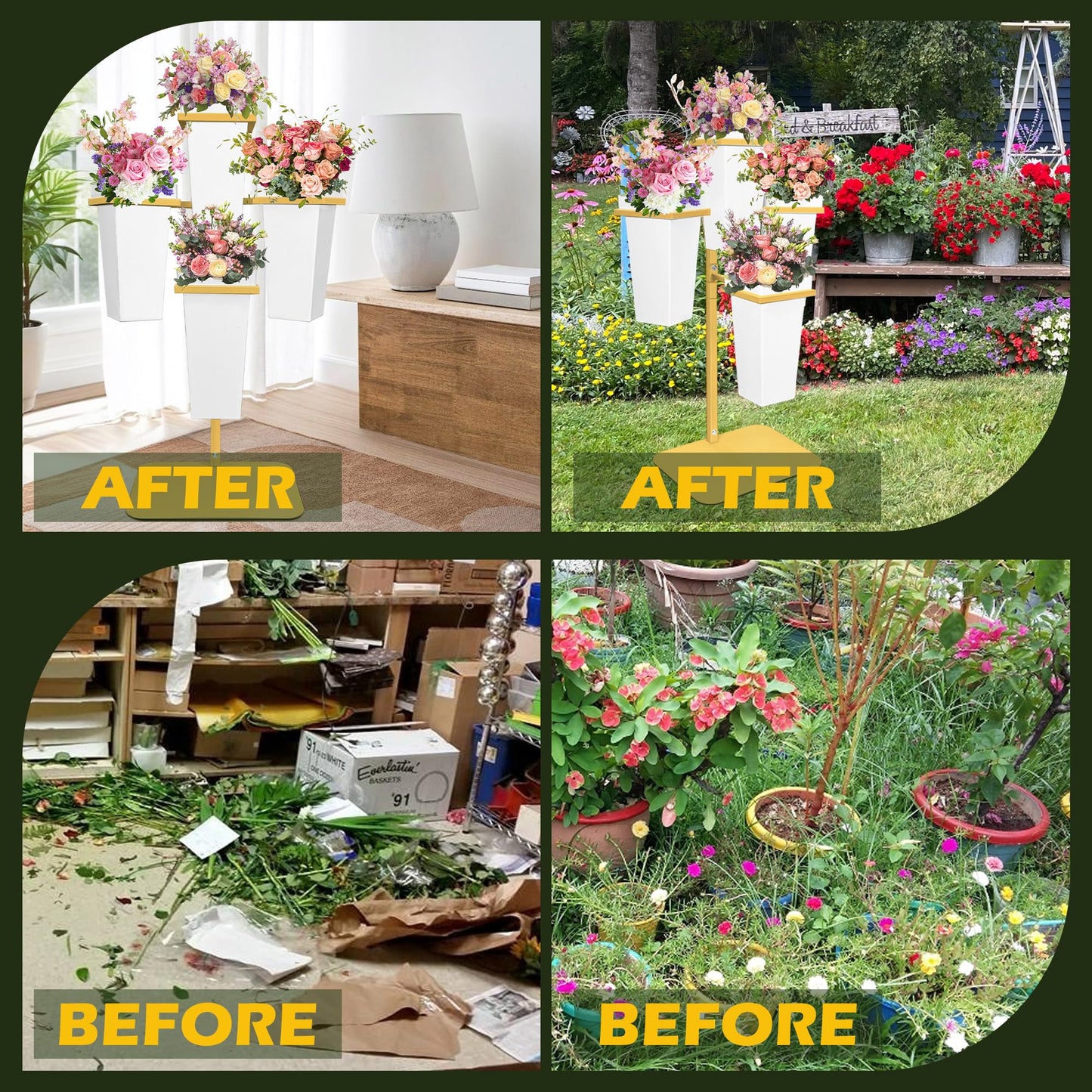 PROLEE Flower Display Stand with Buckets, Wedding Flower Cart Display Stand with Wheels,Flower Stand for Wedding Party, Events and Garden Decor (White)