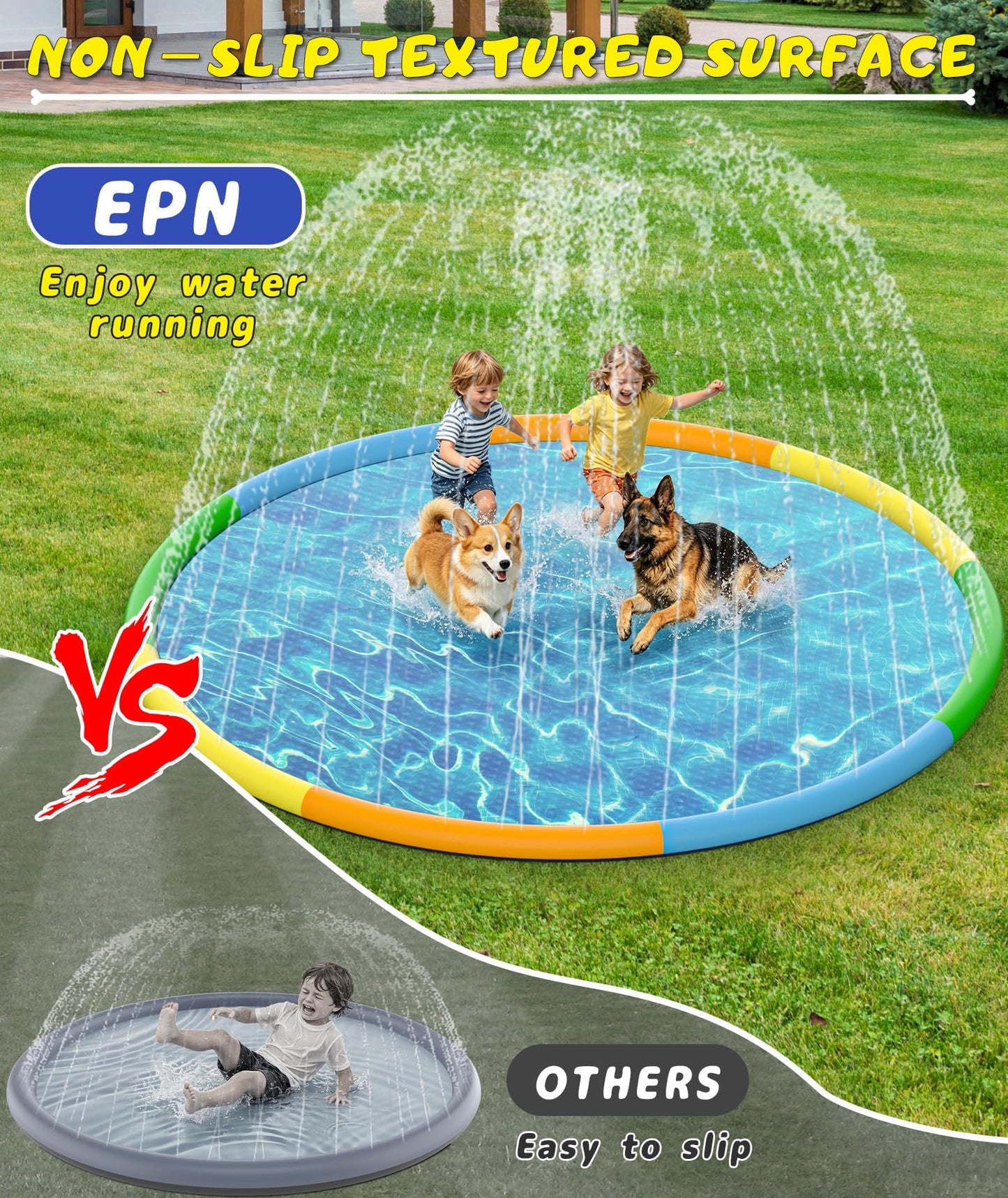 EPN Splash Pad, 13FT Size Extra Large Sprinkler Play Mat for Dogs & Kids, Thicker Pool Summer Outdoor Water Toys Fountain Pad for 3+ Children & Pets