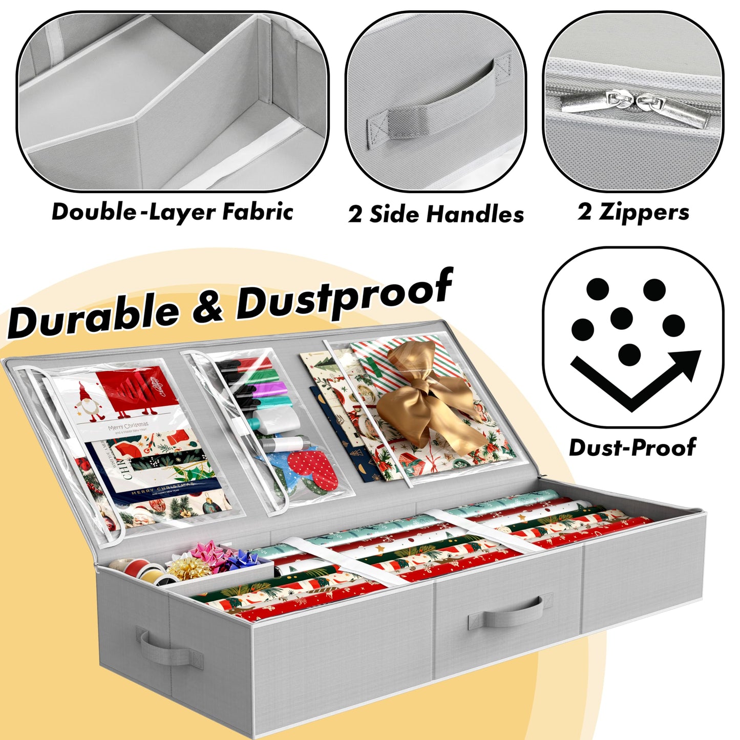Simple Houseware 41.5" Wrapping Paper Storage Organizer - Fits 40 Rolls with Adjustable Straps, Interior Divider for Ribbons & Bows, 3 Clear Pockets for Gift Bags & Tools, 41.5''L x 16''W, Gray