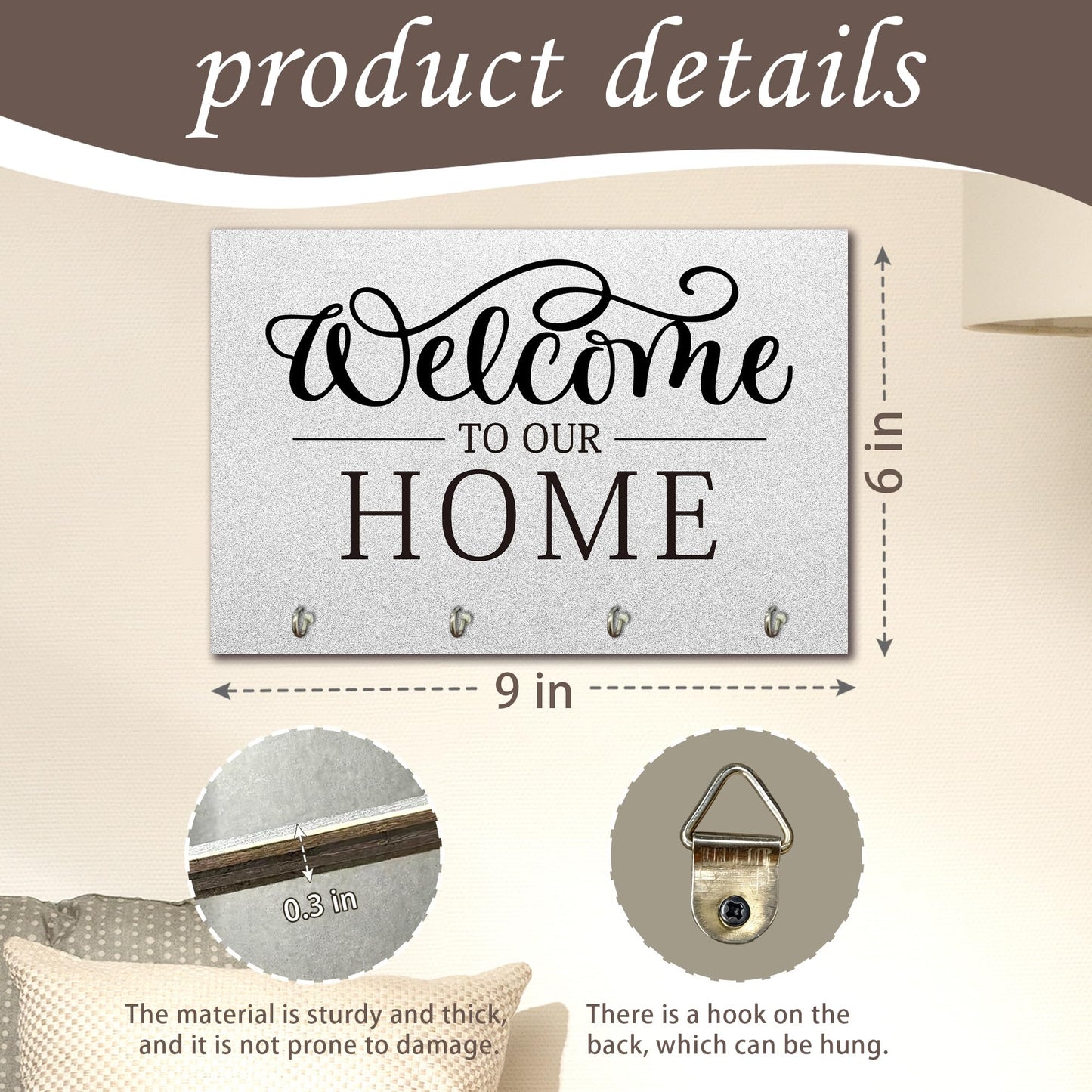 Rdtcgvss 9" x 6" Gray Solid Wood Wall-Mounted Key Holder - Welcome to Our Home - with 4 Metal Hooks for Easy Hanging, Suitable for farmhouses, Homes, bedrooms, Wall Decorations & Gifts (1 Pcs) - A08