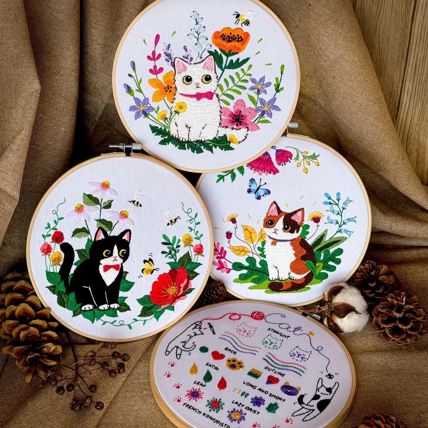 Embroidery Kit for Beginners, 4 Sets Cat Embroidery Kits, Needle Point Kits for Adults Beginner, with Full Package Sewing Supplies and Detailed Easy-to-Follow Instructions, Gift for DIY Lovers