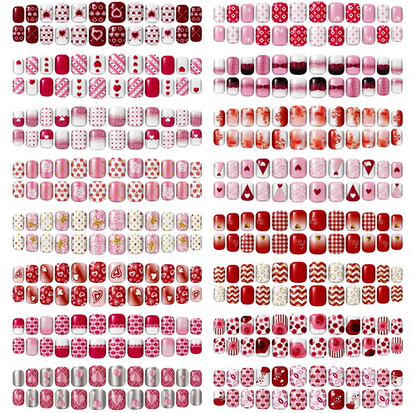 384 Pcs 16 Pack Valentine‘s Day Press on Nails Short Fake Nails Square False Nails Artificial Nail Full Cover Coffin with Rose Pink White Pattern for Women Girls (Romantic Pattern)