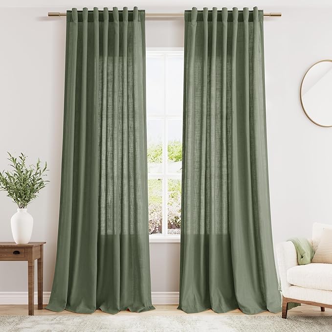 Extended Curtain Olive Green Linen Sheer Curtains for Living Room 2 Panels Set 112 Inch Length Back Tab Light Filtering & Breathability Semi Sheer Curtain Drapes for Bedroom Living Room 52x112