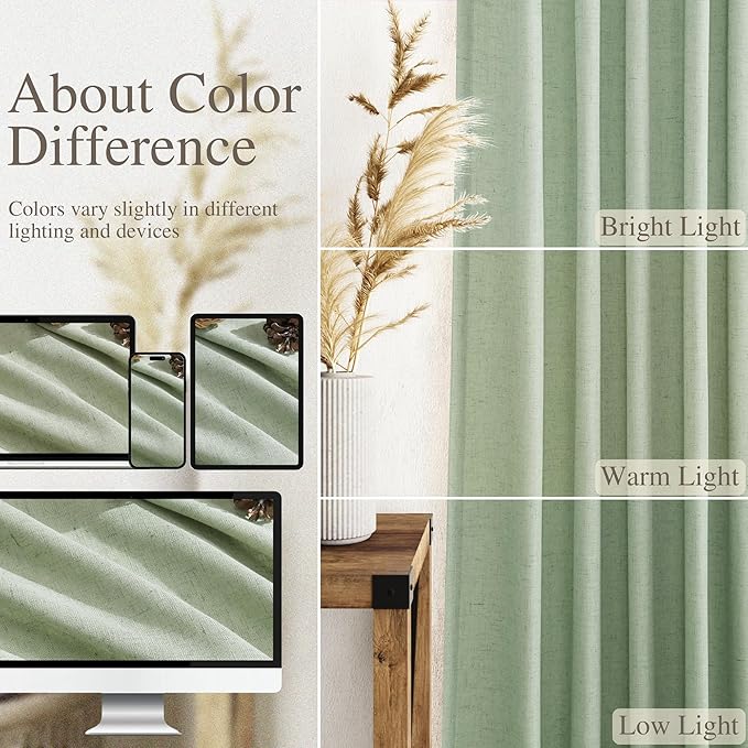Mist Sage Linen Curtains 63 Inches Long 2 Panel Sets for Living Room Bedroom Rod Pocket Back Tab Light Filtering Drape for Kitchen Window Short Protect Privacy Curtain Modern Farmhouse Decor 52x63