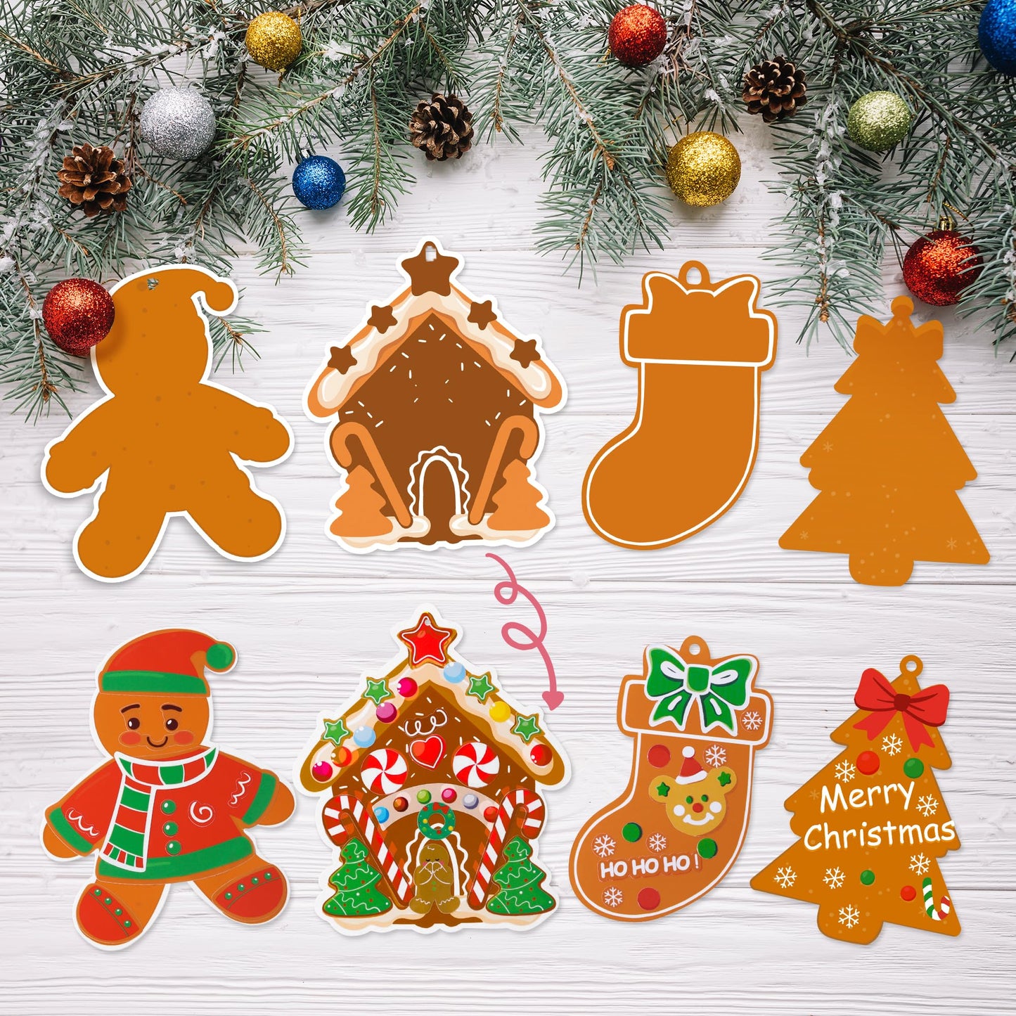 Christmas Ornament Craft Kits for Kids - DIY Gingerbread Christmas Decorations, 24PCS Set with 8 Festive Designs Including Gingerbread Man, Tree, Stocking, Stickers & Strings for Xmas Party Favors
