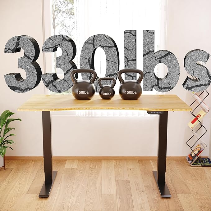 FLEXISPOT E6 MAX Bamboo 60x30 Inch Dual Motor 3-Stage Heavy Duty Standing Desk, 330lbs Weight Capacity, Height Adjustable Desk w/Cable Management & Wheels (Solid Bamboo Curved Desktop + Black Frame)