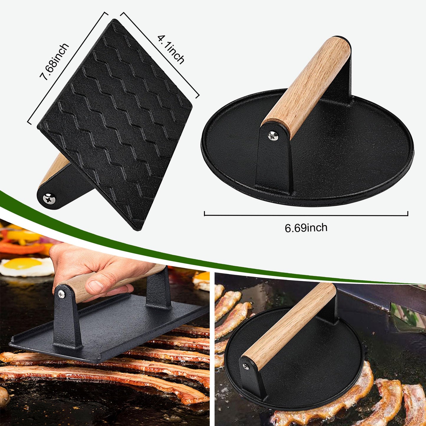 POLIGO Smash Burger Press Kit - 4 in 1 Stuffed Burger Mold, Cast Iron Burger Presses, Sauce Brushes Included - Non Stick Smash Burger Press Set for Grill and Griddle Cooking, Black Round and Rectangle