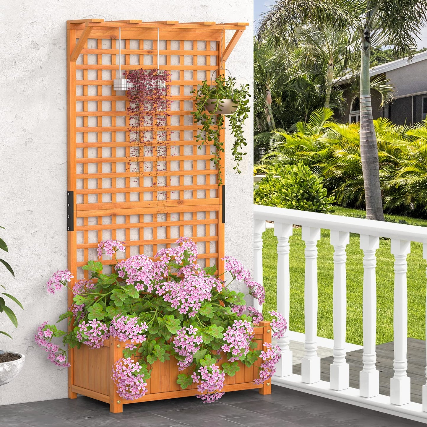 S AFSTAR Raised Garden Bed with Trellis, Wood Elevated Planter Box with Hanging Roof & Climbing Trellis, 4 Drainage Holes, 72.5" Tall Freestanding Planter Container for Vine Climbing Plants Flowers